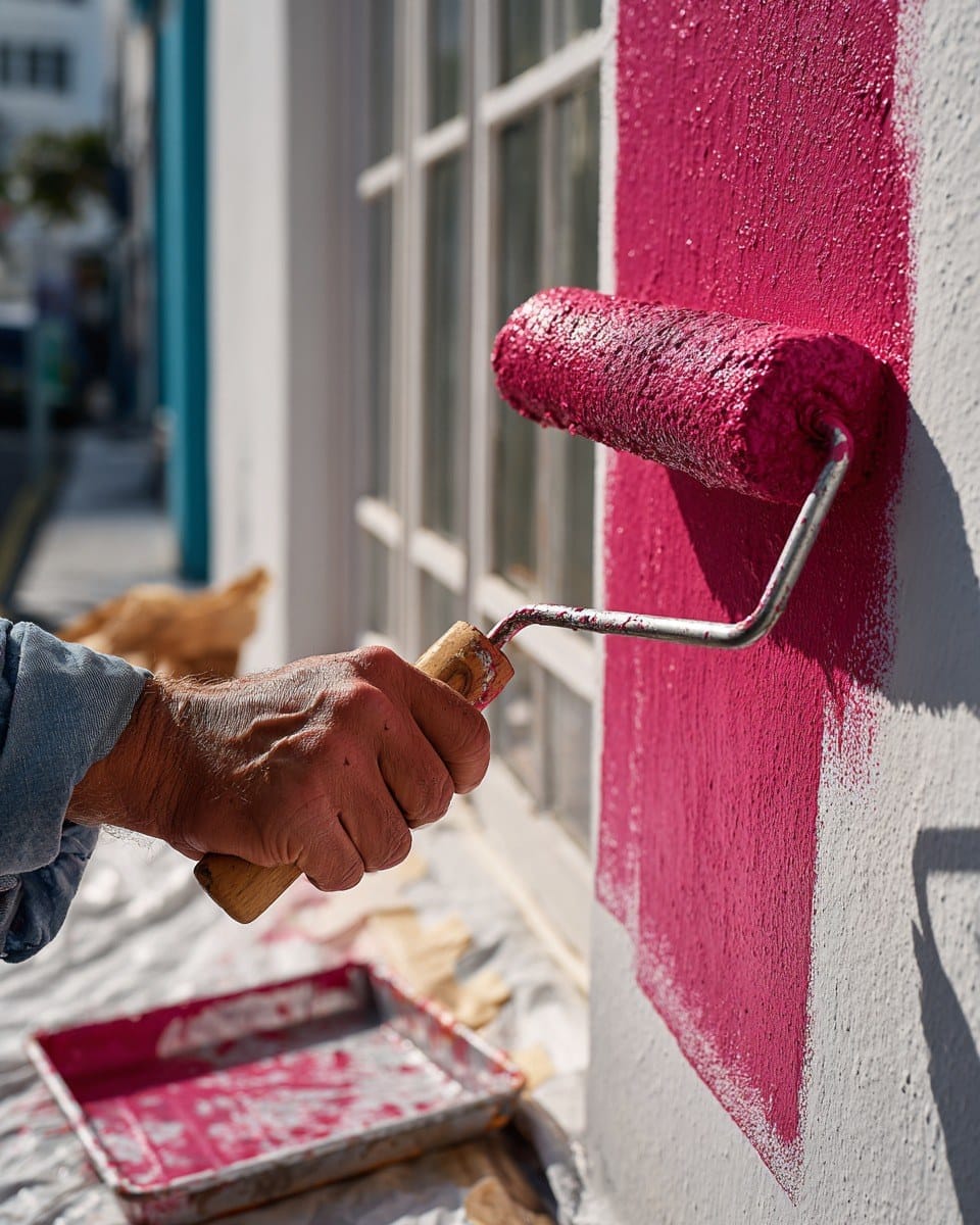Hand rolling hot magenta paint up a white exterior wall