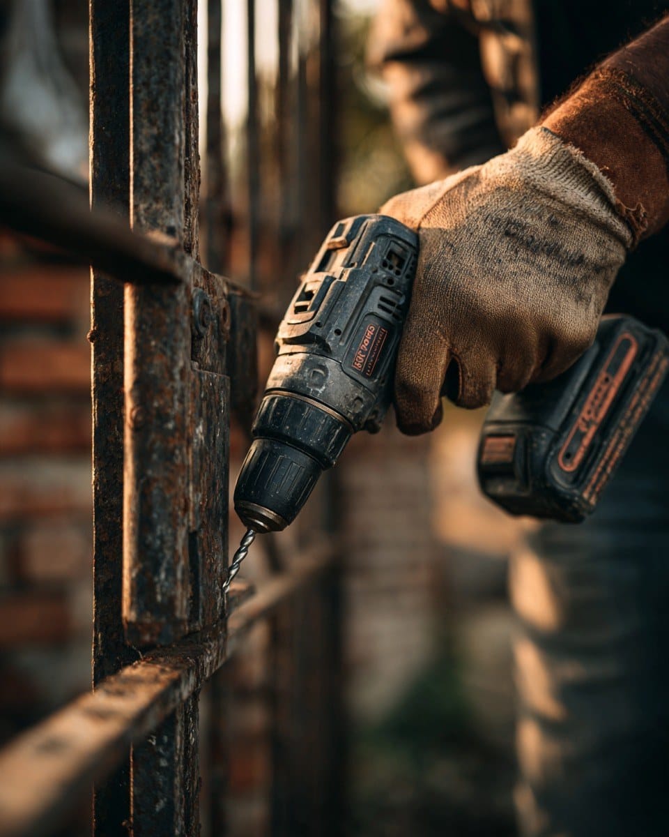 Gloved hand drilling into a steel gate frame beside a face-brick wall
