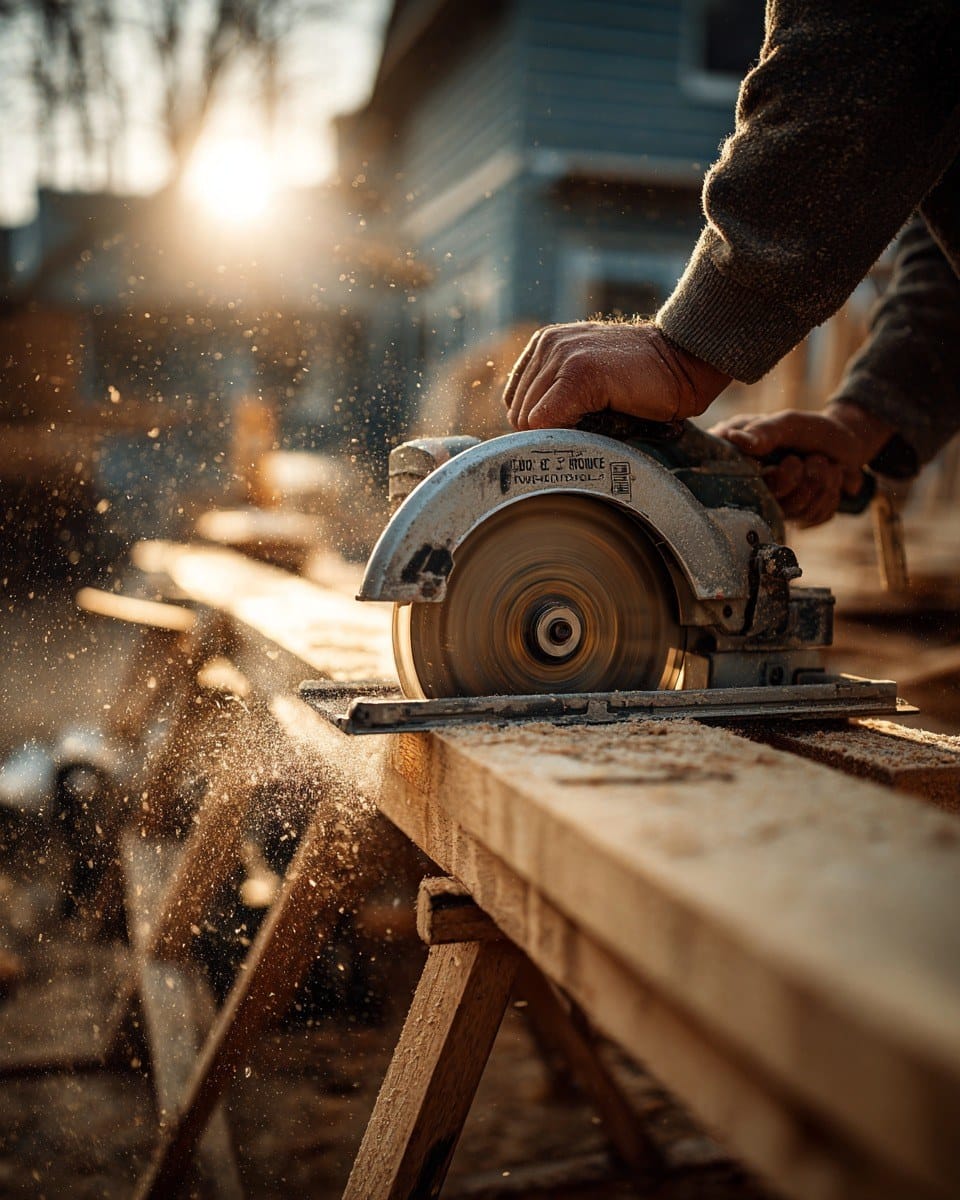 Circular saw cutting a pine plank on sawhorses with sawdust in the sunlight