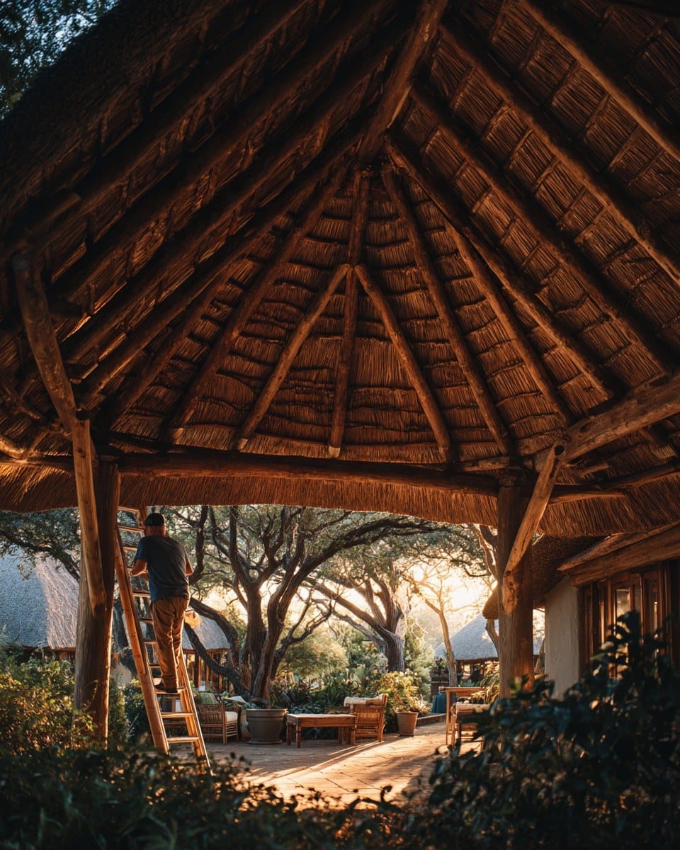 Inside a thatched lapa looking up at the gum-pole roof, a worker on a ladder at one pole