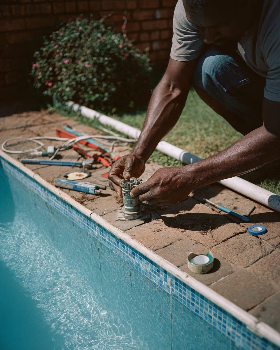 Hands fitting a pool pump union on brick paving beside a blue swimming pool